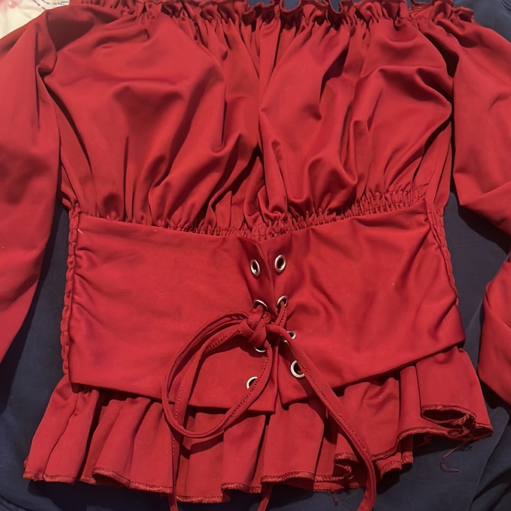 corset top ruffled small burgundy red top long sleeved